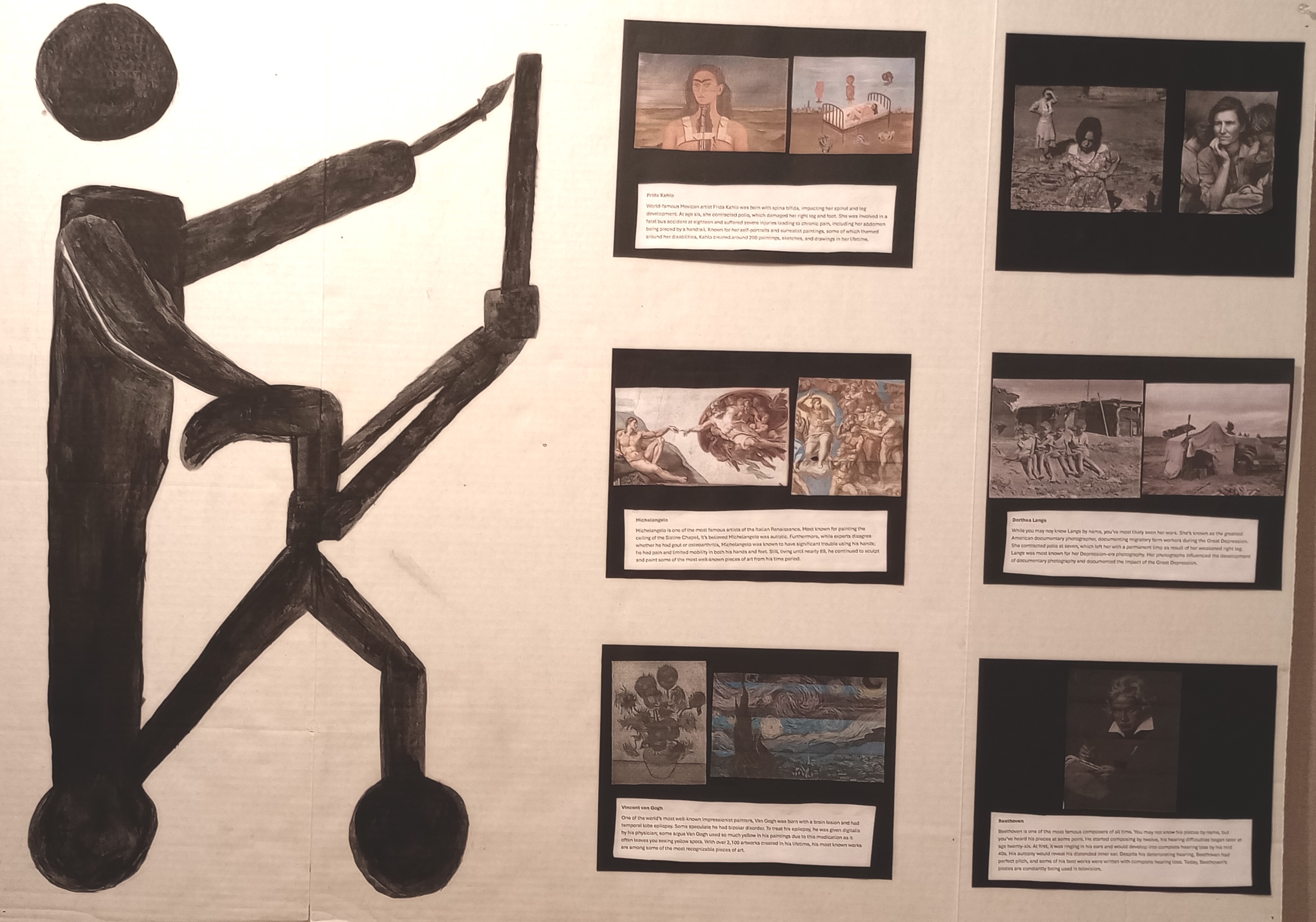 an image of the poster created by Chloe Raut, which features works by 6 famous works by artists with disabilities, and an silouhette of a person painting at an easel using assistive technology